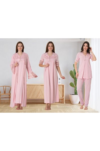 LOHOUSE Powder Special Lace Cotton Maternity Nightgown-Dressing Gown and Pajama Set Set of 4