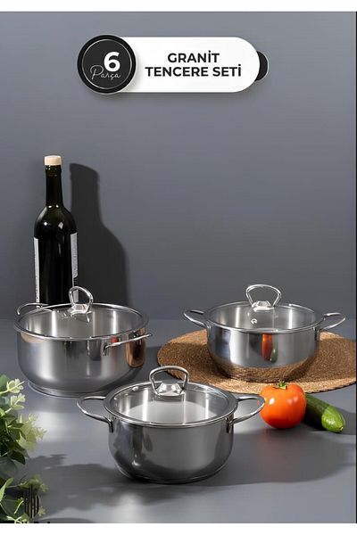 Protef 6 Piece Steel Glass Lid Pot Set - 14-16-18
