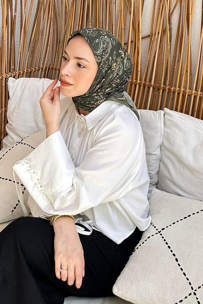 lamelif Μαλακό κασκόλ χακί με ρετρό σχέδιο