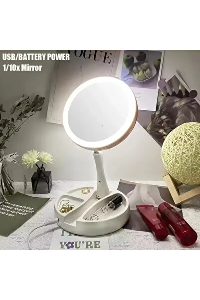 TeknoFaji Büyüteçli Led Işıklı Makyaj Aynası 10x Büyüteç Katlanabilir Taşınabilir Seyahat Aynası