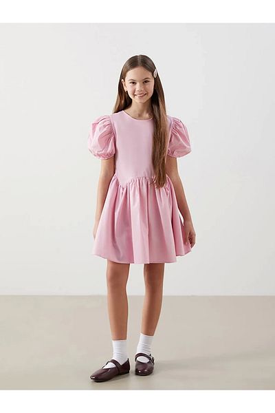 LC Waikiki Lcw Kids Pink Crew Neck 100% βαμβακερό φόρεμα για κορίτσια