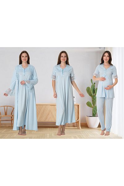 LOHOUSE Blue Special Lace Cotton Maternity Nightgown-Dressing Gown and Pajama Set Set of 4