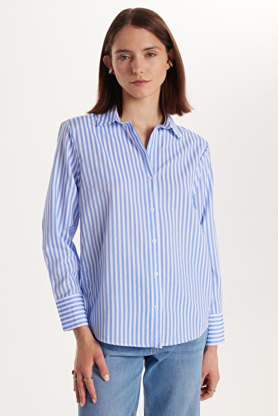 Tudors Kadın Slim Fit Dar Kesim Uzun Kollu Çizgili Gömlek