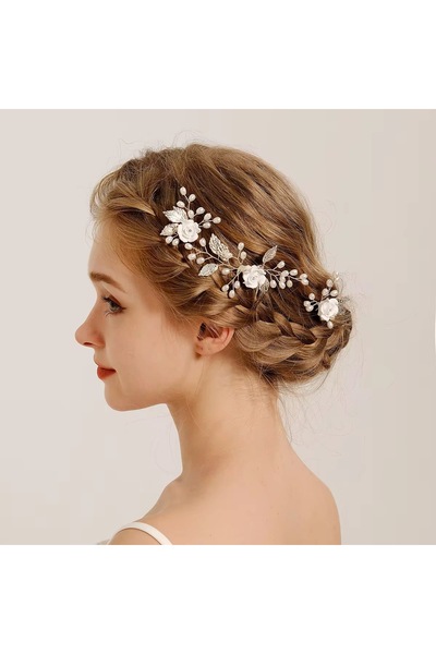 VİYA Kalista Handmade Pearl Leaf & Flower Detaliat Cuvânt de logodnă Nunta Nu...