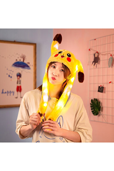 MJ TOYS Sanrio Pikaçu Şapka Kulakları Hareket Eden Şapka Işıklı Modlu Peluş Pikachu Şapka Bere Işıklı Şapka