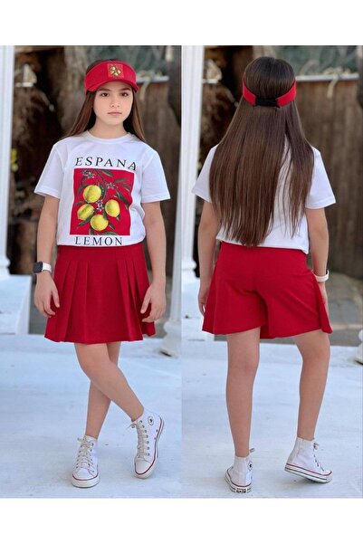 Butik LİMON BASKILI ŞORT ETEK DETAYLI 3LÜ KIZ TAKIMLAR
