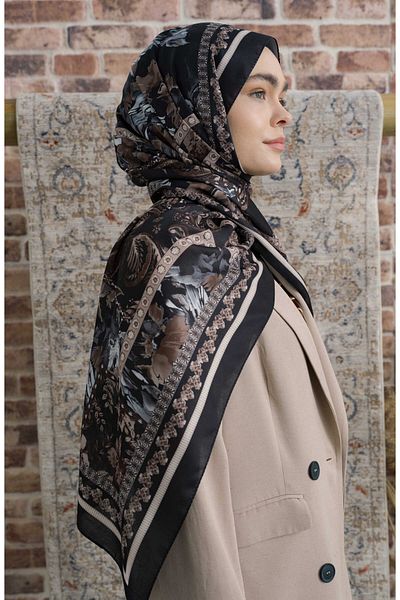 Fatma Atasoy Hibisca Bitter Brown Ethnic Patterned Shawl