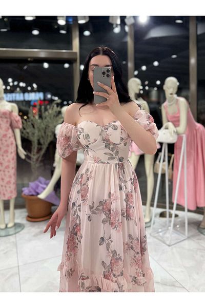 missswans Stella Watermelon Sleeve Floral Patterned Ruffle Detailed Midi Length Chiffon Dress Dusty Pink