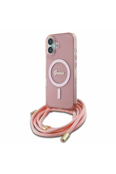 Guess Case for iPhone 16 - Guess IML Crossbody Cord Script MagSafe (GUHMP16SHCTSGNSP) - Pink