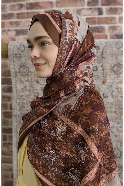 Fatma Atasoy Hibisca Brown Ethnic Patterned Shawl