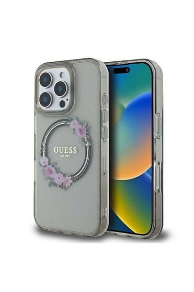 Guess Case for iPhone 16 Pro - Guess IML Flowers Wreath MagSafe (GUHMP16LHFWFCK) - Black