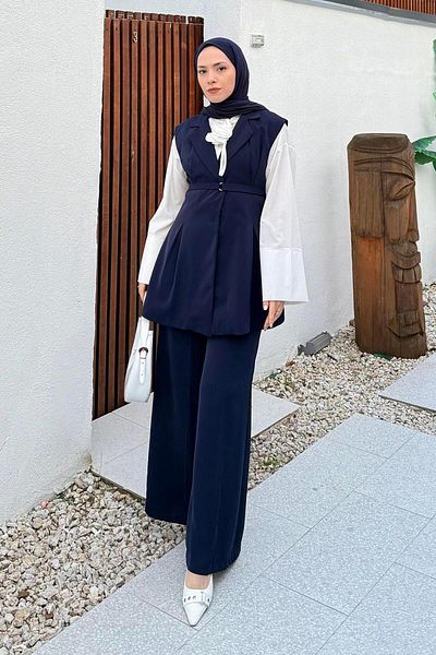 lamelif Slim Belted Vest Suit Navy Blue