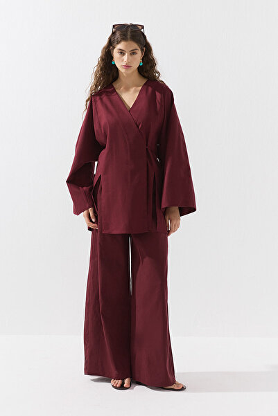 Hooopstore Lyocell Linen Lacing Detailed Burgundy Kimono