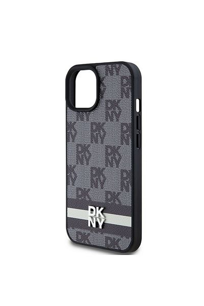 Dkny IPhone 15 Case - DKNY Leather Checkered Mono Pattern & Printed Stripes (DKHCP15SPCPTSSK) - Black