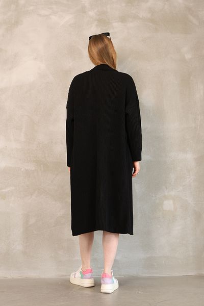 ALCHON V Fold Collar Long Sleeve Ribbed Links Knit Basic Plain Midi Length Loose Wide Fit Winter Knitwear Cardigan