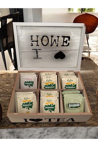 AHİR TİCARET Bamboo-Wooden 6 Compartment Tea Box with Lid