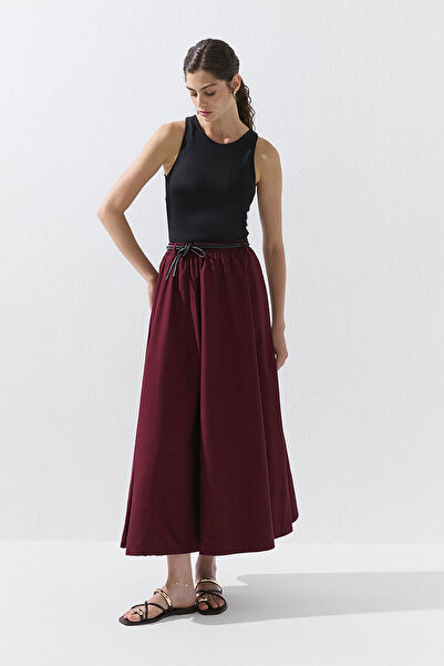 Hooopstore Elastic Waist Cotton Burgundy Skirt