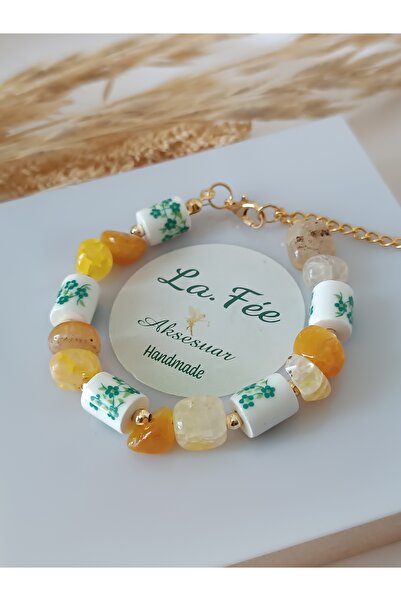 La fee aksesuar Yellow Agate Natural Stone Green Flower Porcelain Beads Speci...