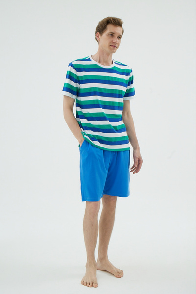 İPEKTENİM Mavi Çizgili Bisiklet Yaka Erkek Şort Pijama Takımı