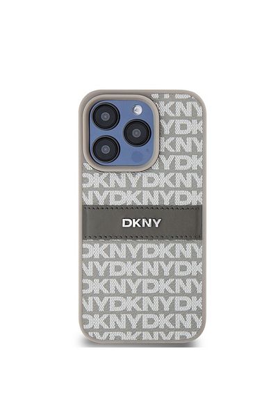 Dkny Husă pentru iPhone 15 Pro Max - DKNY din piele cu dungi monocrome și logo metalic (DKHCP15XPRTHSLE) - Bej