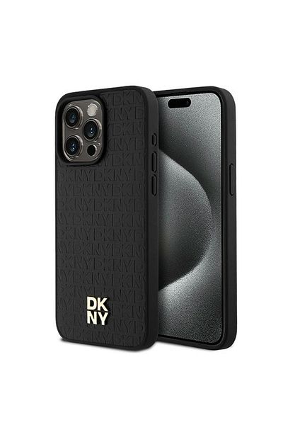Dkny Husă pentru iPhone 15 Pro Max - DKNY MagSafe din piele cu model monogramă și logo metalic (DKHMP15XPSHRPSK) - Negru