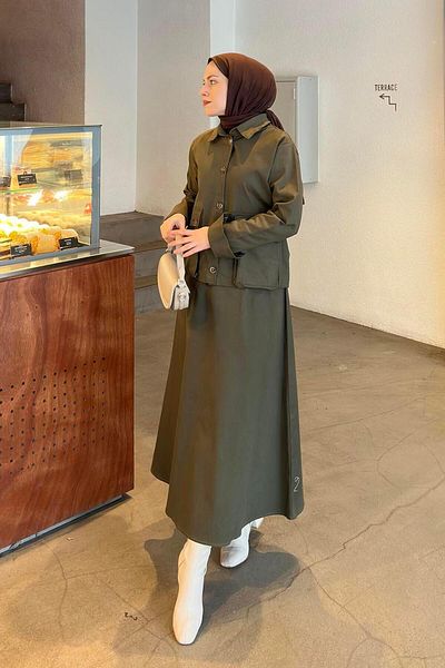 lamelif Pocket Detailed Double Skirt Hijab Suit Dark Green