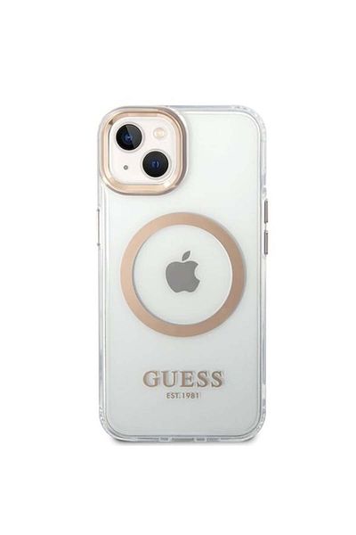 Guess Case for iPhone 15 Plus - Guess Metal Outline MagSafe (GUHMP15MHTRMD) - Gold