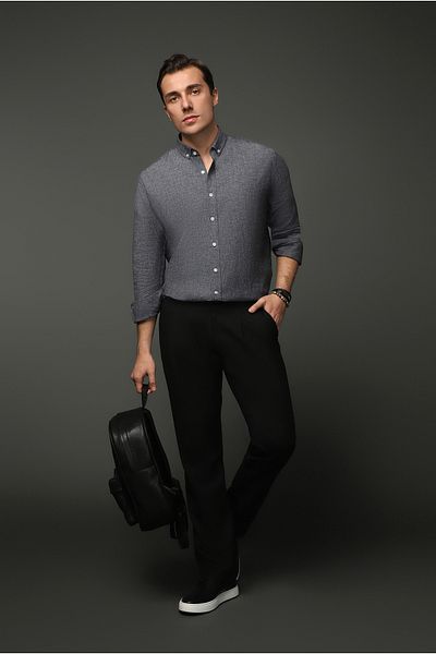 Kiğılı Long Sleeve Regular Fit Cotton Linen Blended Button Collar Shirt