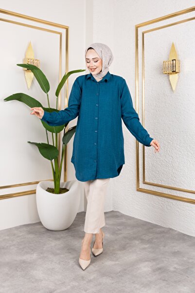 Moda MSK Large Size Sofia Linen Shirt Turquoise