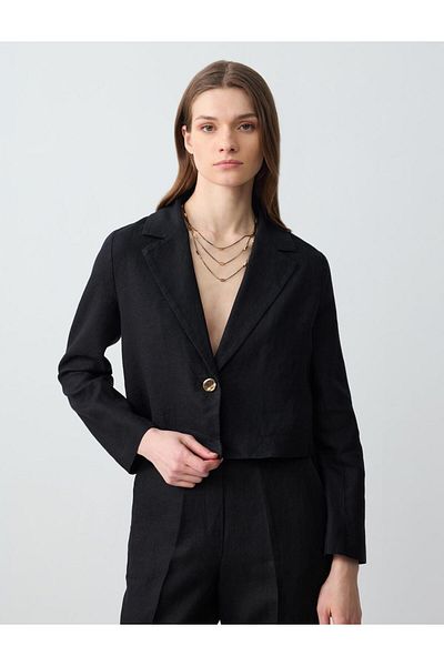 Jimmy Key Black 100% Linen Straight Cut Long Sleeve Short Jacket