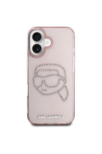 Karl Lagerfeld Case for iPhone 16 - Karl Lagerfeld IML Rhinestones (KLHCP16SHKHDCELP) - Pink Karl Head