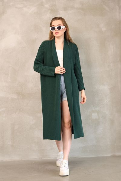 ALCHON V Fold Collar Long Sleeve Ribbed Links Knit Basic Plain Midi Length Loose Wide Fit Winter Knitwear Cardigan
