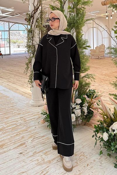 lamelif Gold Buttoned Bias Hijab Suit Black
