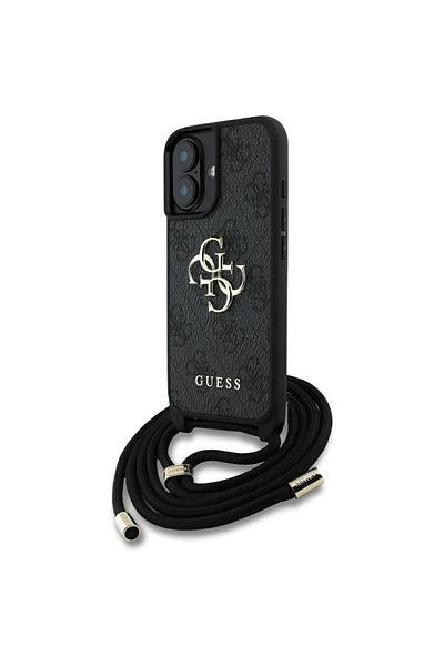 Guess Case for iPhone 16 - Guess Hardcase 4G Big Logo with Cord Strap (GUHCP16SP4GMGCRK) - Black