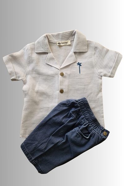 KIPIRIK BABY 2-Piece Boy's Cream Shirt Blue Shorts Suit