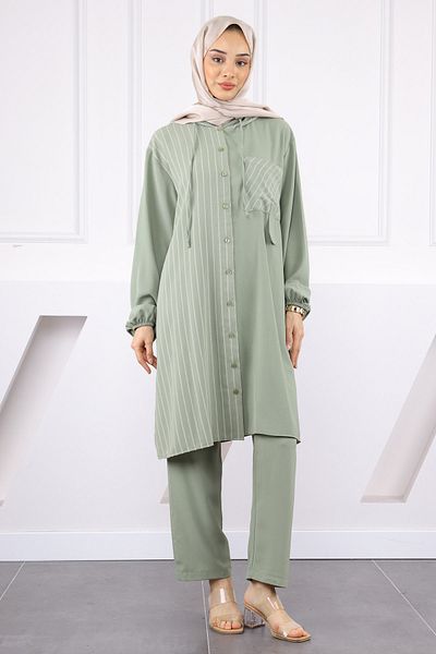 İmajButik Χακί κουκούλα ριγέ τουνίκ παντελόνι