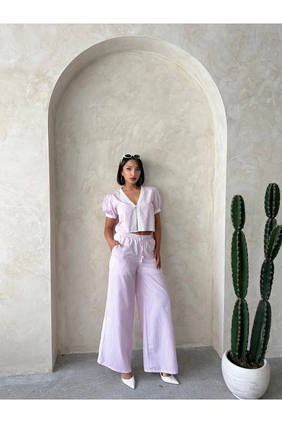 Miss Allos Women's Guipure Detailed and Front Tie Striped High Waist Linen Trousers