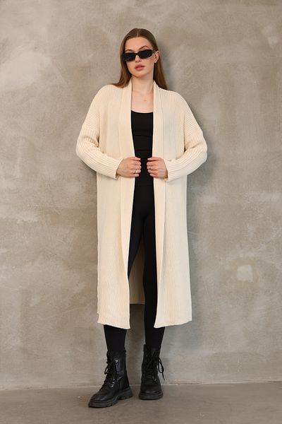 ALCHON V Fold Collar Long Sleeve Ribbed Links Knit Basic Plain Midi Length Loose Wide Fit Winter Knitwear Cardigan