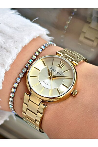 Ferrucci FERRUCCİ BOMBE CAMLI GOLD METAL KADIN KOL SAATİ