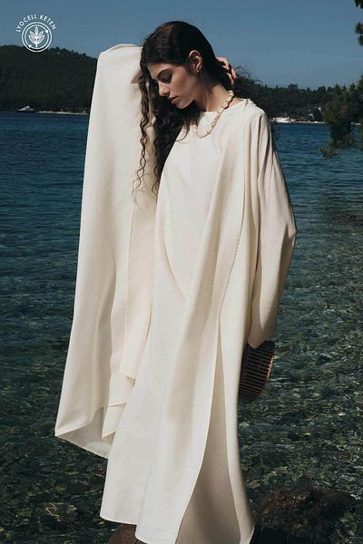 Hooopstore Kimono lung ecru cu mâneci liliac din in Lyocell