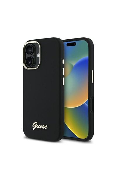 Guess Case for iPhone 16 Plus - Guess Silicone Script Metal Logo & Frame (GUHCP16MSMBSLK) - Black