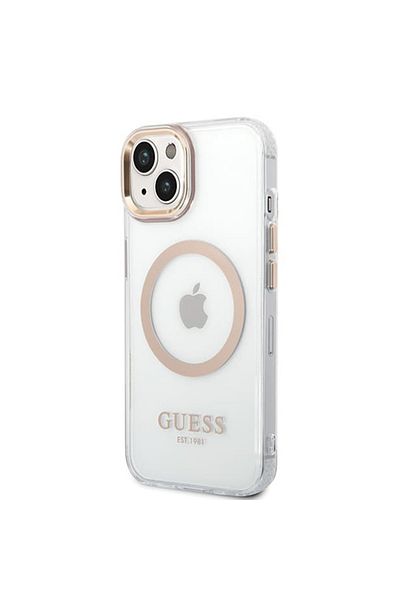 Guess Case for iPhone 15 Plus - Guess Metal Outline MagSafe (GUHMP15MHTRMD) - Gold
