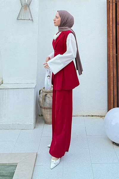 lamelif Slim Belted Vest Suit Claret Red