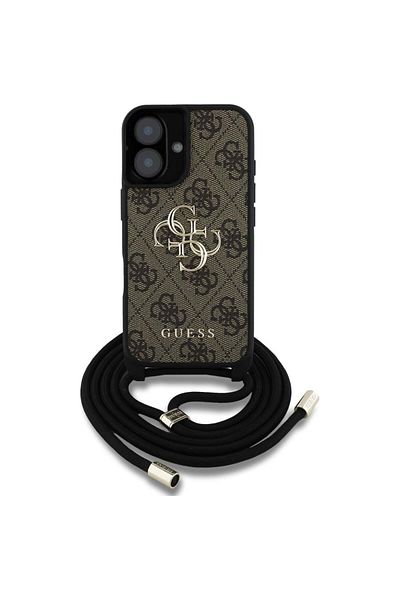 Guess Case for iPhone 16 Plus - Guess Hardcase 4G Big Logo with Cord Strap (GUHCP16MP4GMGCRW) - Brown