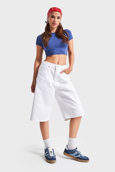 its basic Women's White Color 5S5-2 Maxi Length Elastic Waist 100% Cotton Non-Exposed Denim Bermuda Shorts
