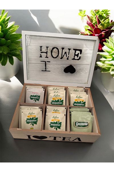 AHİR TİCARET Bamboo-Wooden 6 Compartment Tea Box with Lid
