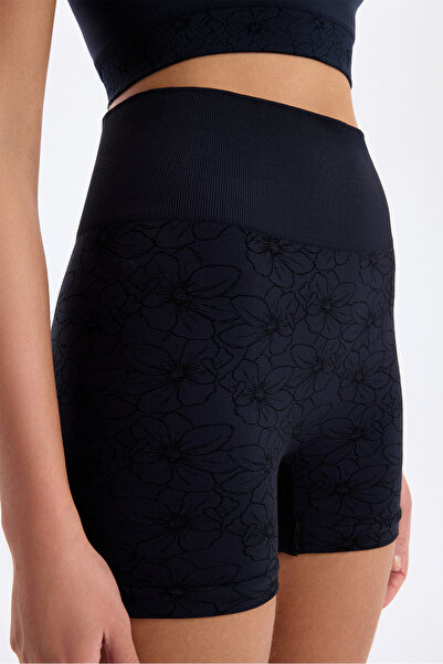 COMEUP Jakarlı Çiçek Desenli Kısa Spor Şort Siyah
