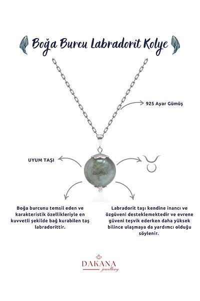 DAKANA JEWELLERY Certified Labradorite Natural Stone Taurus Silver Necklace