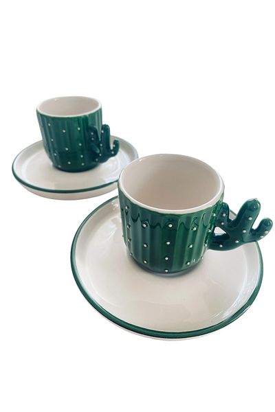 Great Fast Cactus Patterned Coffee Cup Set of 2 – Handmade Look, Stylish and Modern Gift