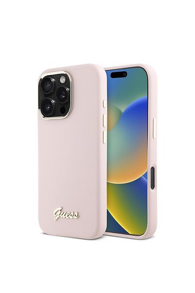 Guess IPhone 16 Pro Case - Guess Silicone Script Metal Logo & Frame (GUHCP16LSMBSLP) - Pink